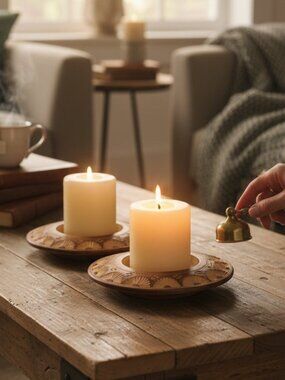 Handmade Carved Round Wooden Candle Base Catch All Bowl Boho Bohemain Eclectic